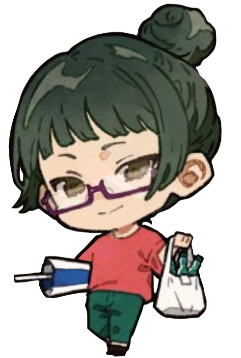 A chibi of Maki holding a beach umbrella in one hand and a shipping bag with drinks in the other. She's smiling and standing.