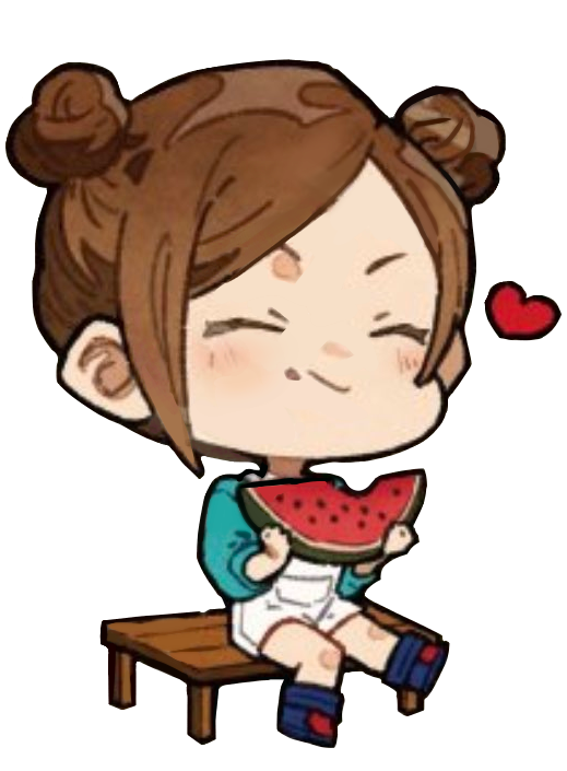 A chibi of Nobara sitting on a bench eating watermelon and smiling with her eyes closed. A doodled heart is next to her face.